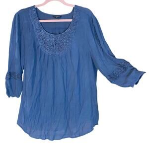 Hannah Plus 2X Blue Boho Embroidered Peasant Blouse bead detail cottagecore